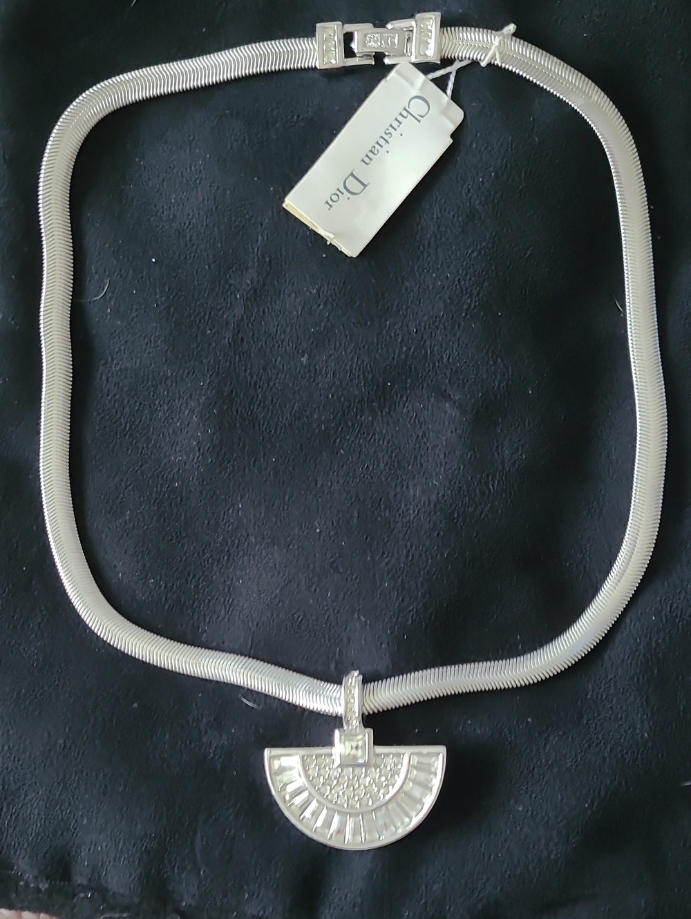 Dior Silver Half-Moon Art Deco Style Pendant Necklace